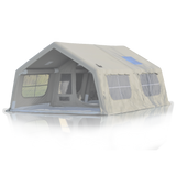 A beige, tunnel-shaped inflatable tent with windows and a visible air inflation tube.
