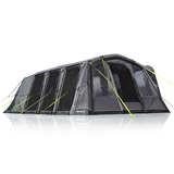 Inflatable family tent with side opening panels and a full side sun canopy, predominantly gray in color with yellow accents.